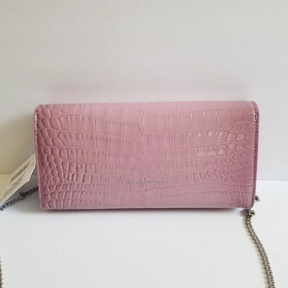 Alexander McQueen Croc-Embossed Leather Wallet-On-Chain Antic Pink